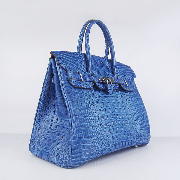 High Quality Fake Hermes Birkin 35CM Crocodile Head Veins Leather Bag Dark Blue 6089